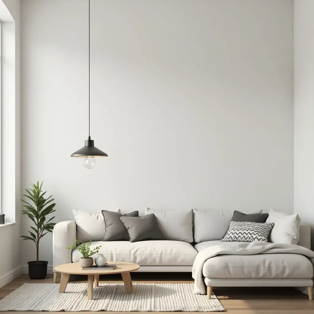 a photo of a minimalist living room incorporating a vintage lamp and modern decor