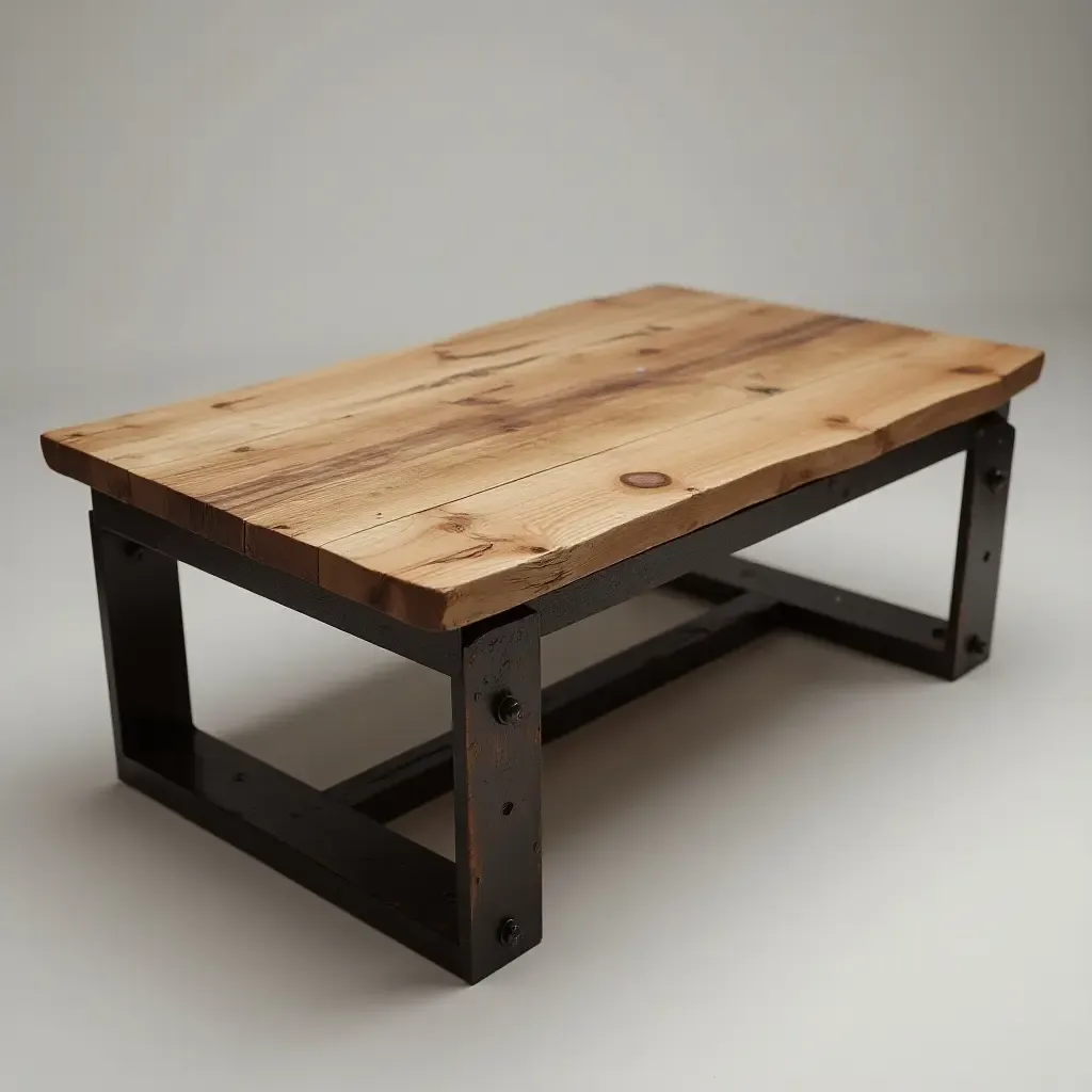 a photo of a rustic coffee table made from reclaimed wood and metal