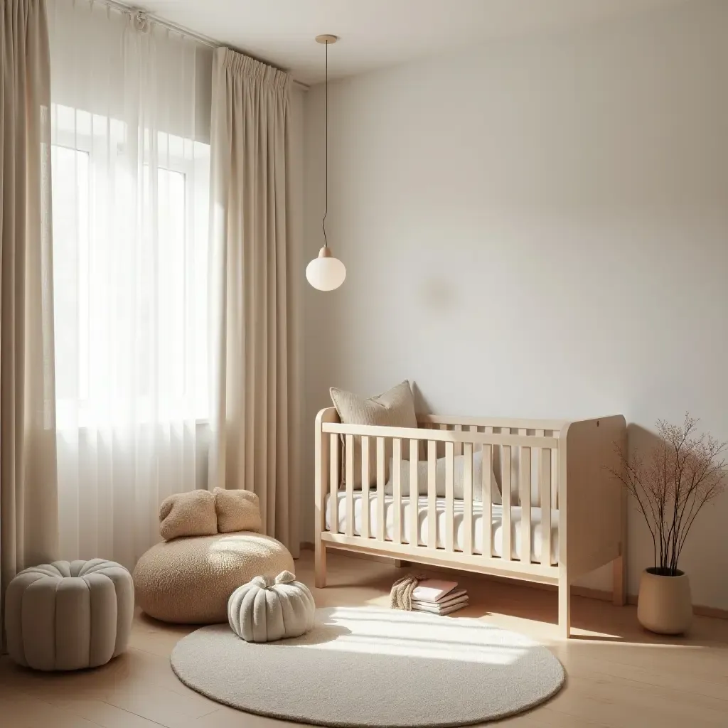 a photo of a cozy nursery with multifunctional furniture and soft lighting