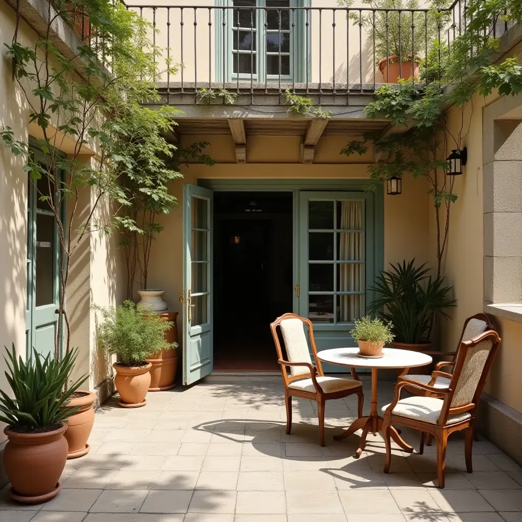 a photo of a balcony decorated with vintage ceramic pots and furniture