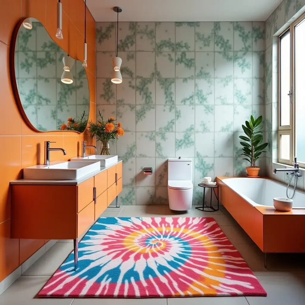 a photo of a funky tie-dye rug in a vibrant bathroom