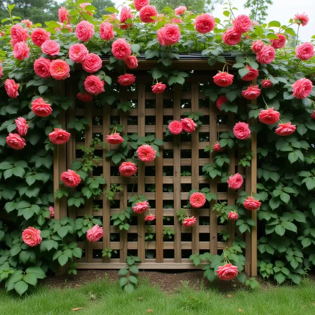 a photo of a wooden trellis wall with climbing roses