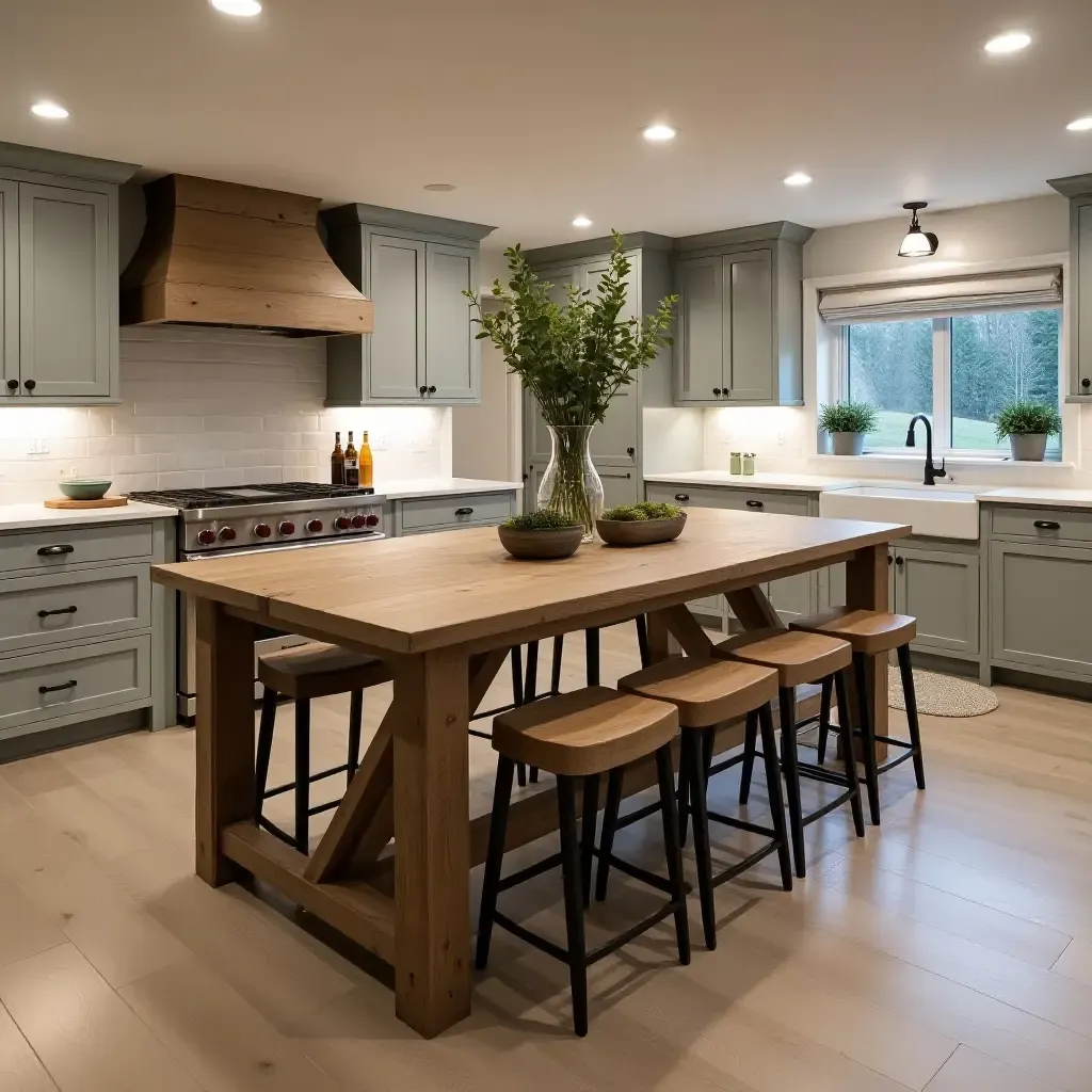 a photo of a rustic farmhouse table in a basement kitchen