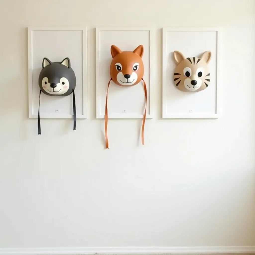 a photo of a nursery gallery wall featuring playful animal masks