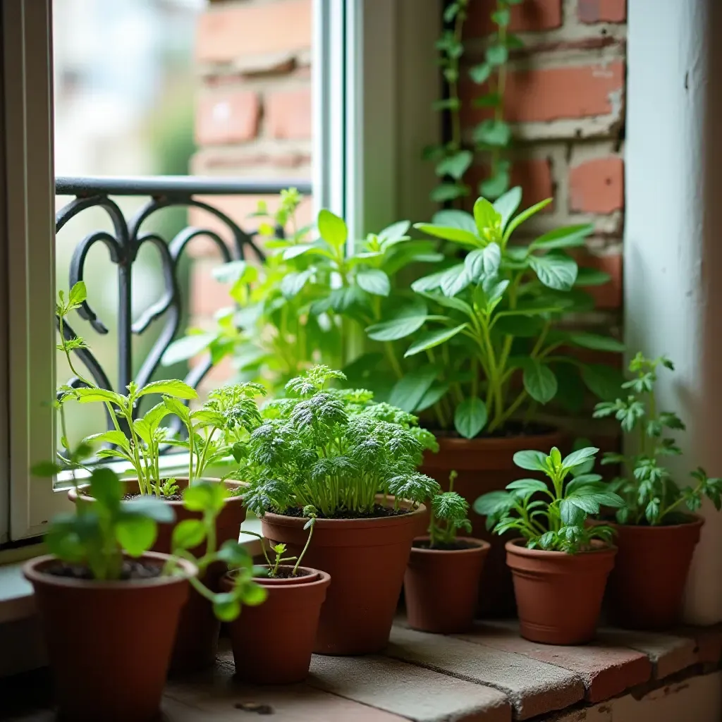 a photo of a vintage-style balcony with a small herb garden in pots