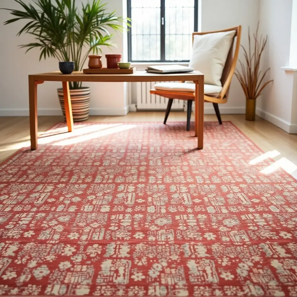 a photo of a bright patterned area rug under a low wooden table