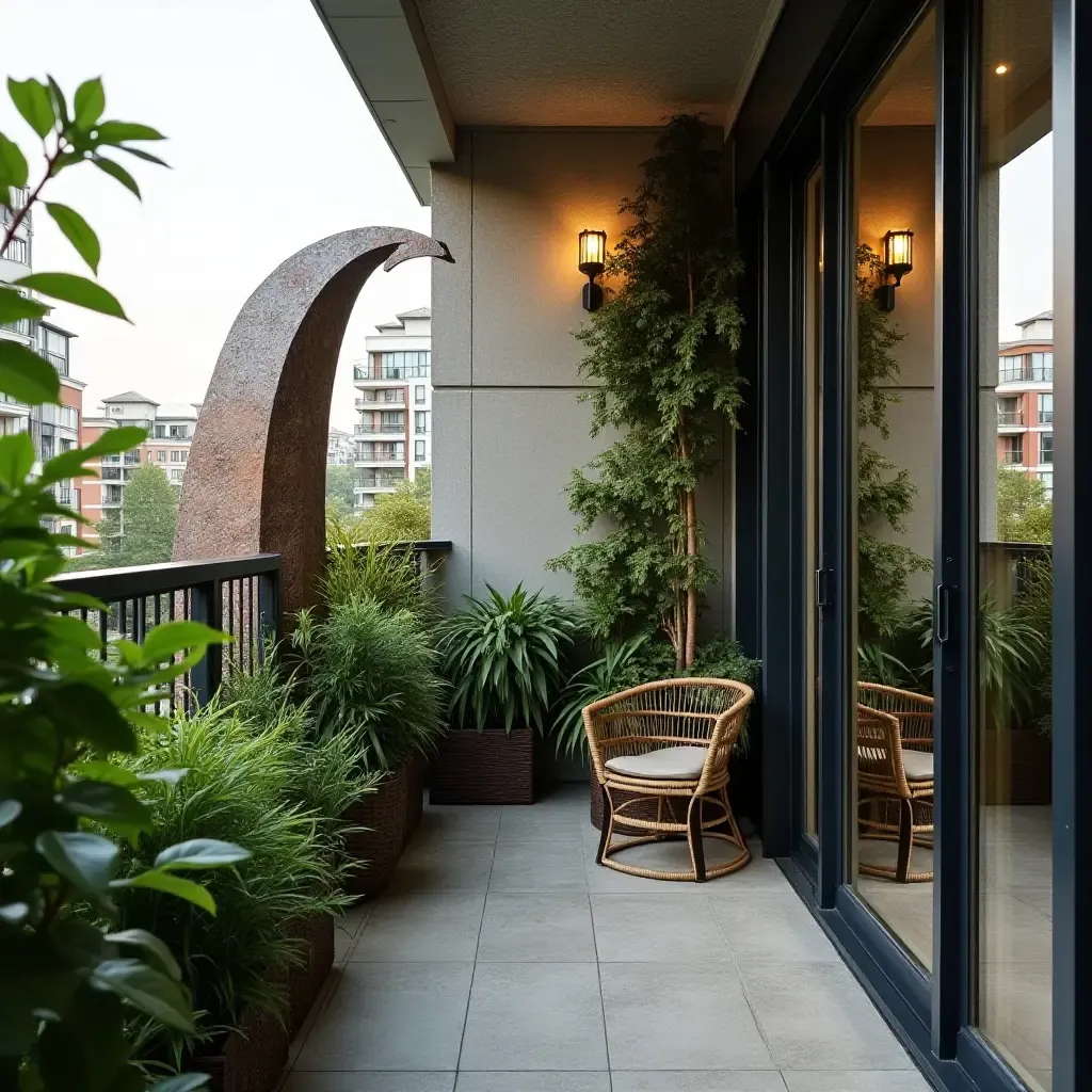 a photo of a balcony with a unique metal sculpture and lush plants