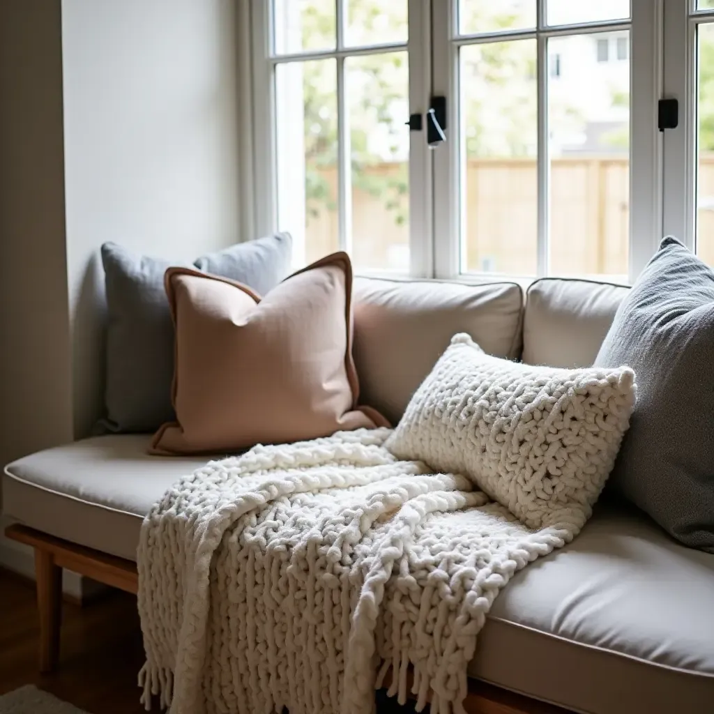 a photo of a reading nook with a knitted throw and oversized pillows