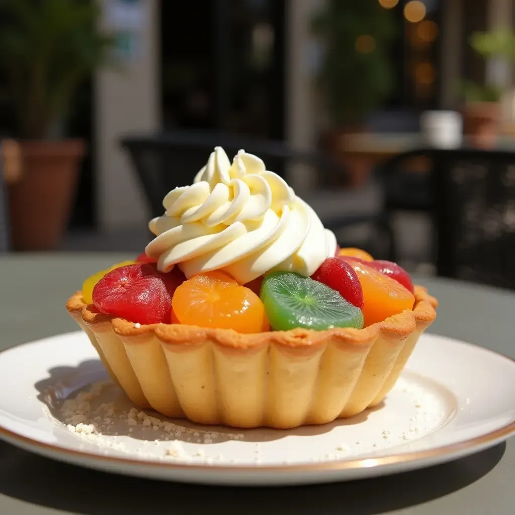 a photo of a colorful tarte tropézienne, filled with cream, on a sunny café terrace.