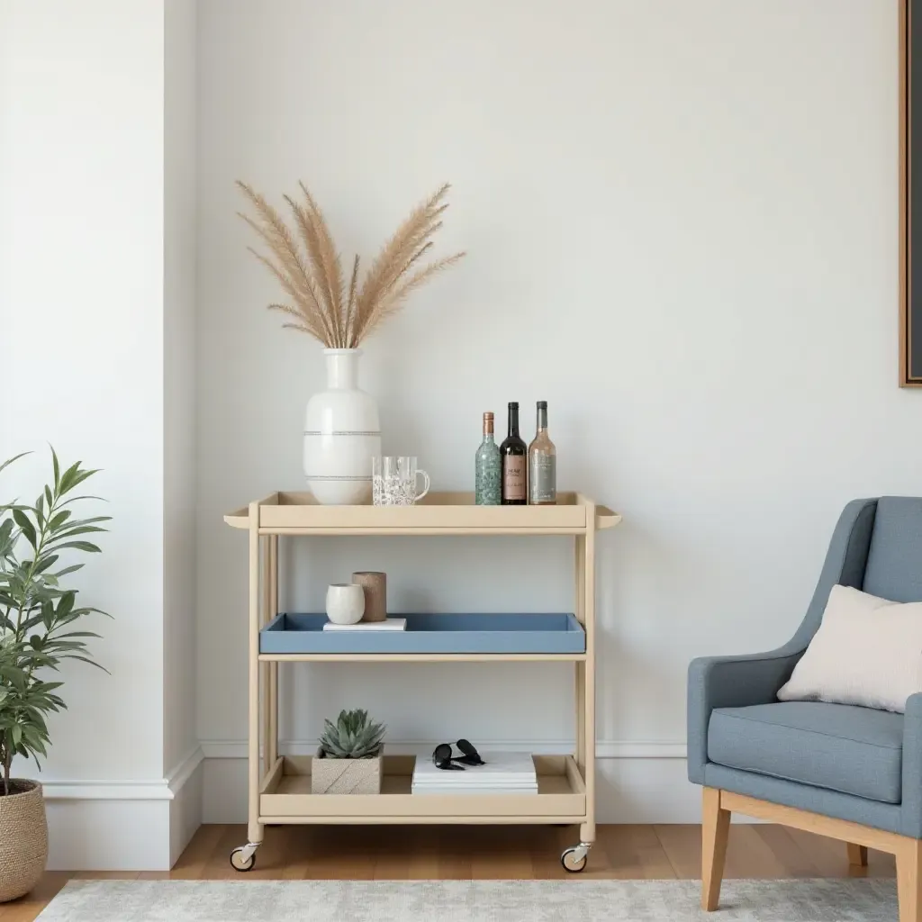 a photo of a cream and blue bar cart set up in a stylish living room corner