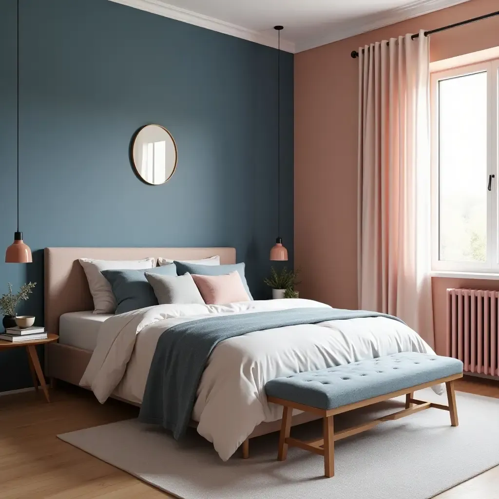 a photo of a trendy denim blue and soft peach bedroom with modern touches