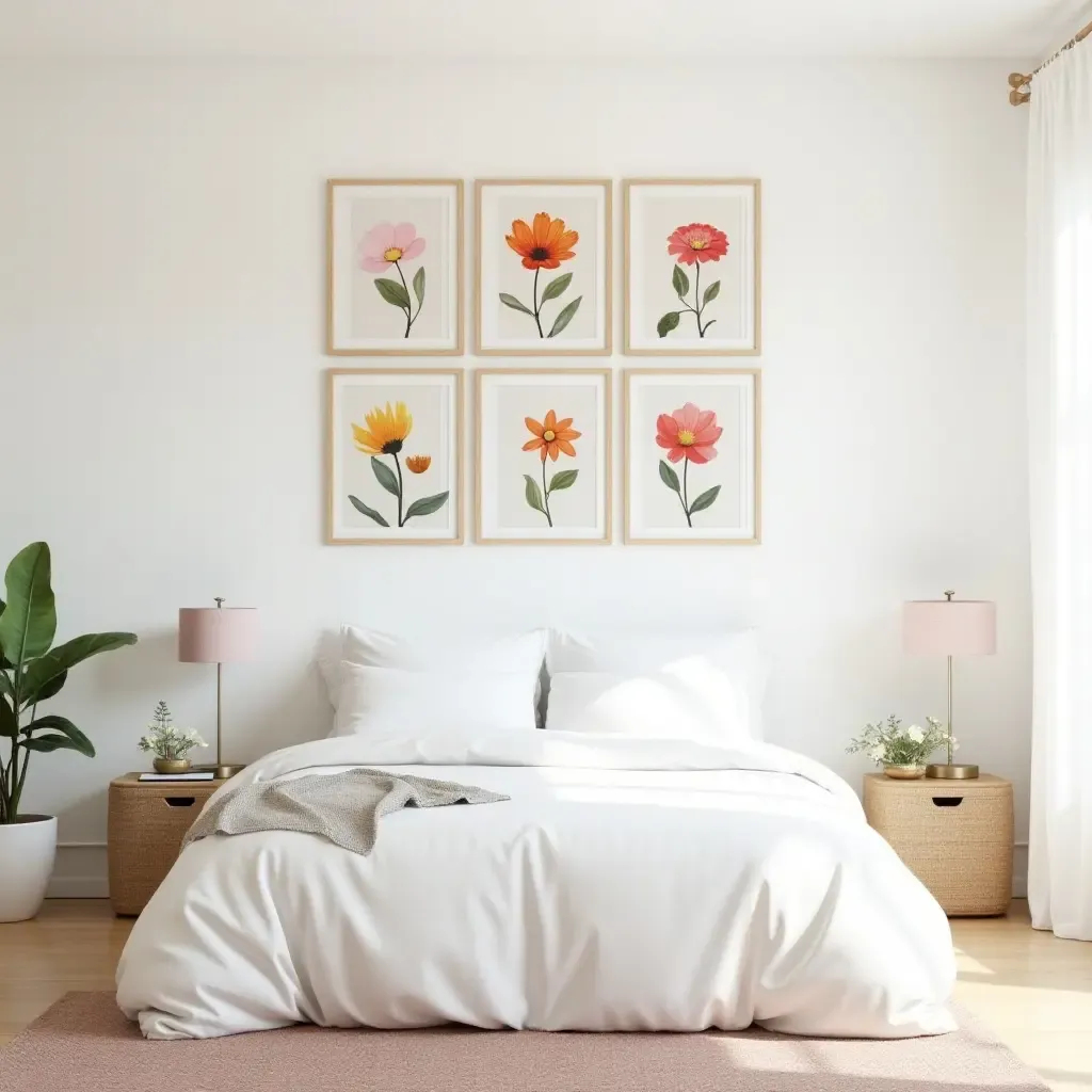 a photo of a bright bedroom with a gallery wall of cheerful flower prints