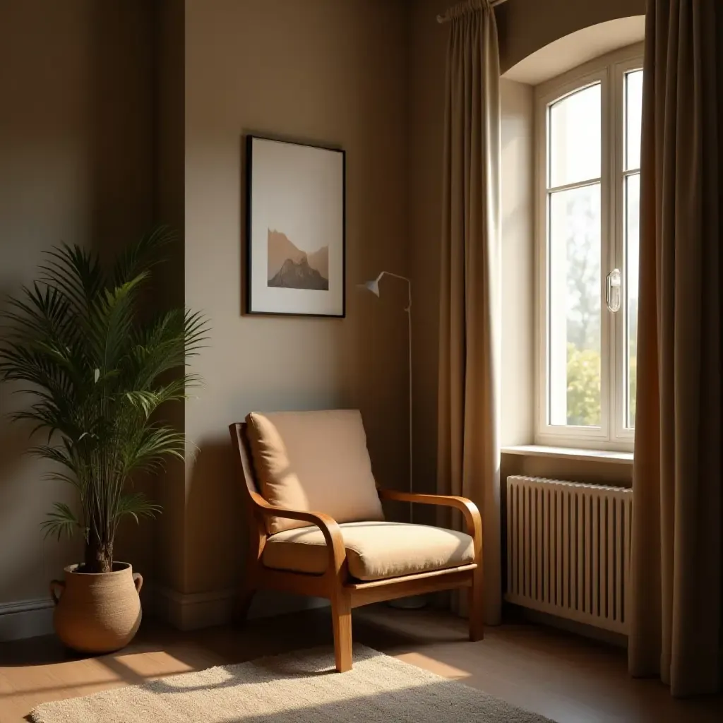 a photo of a serene reading nook with a single chair and soft lighting