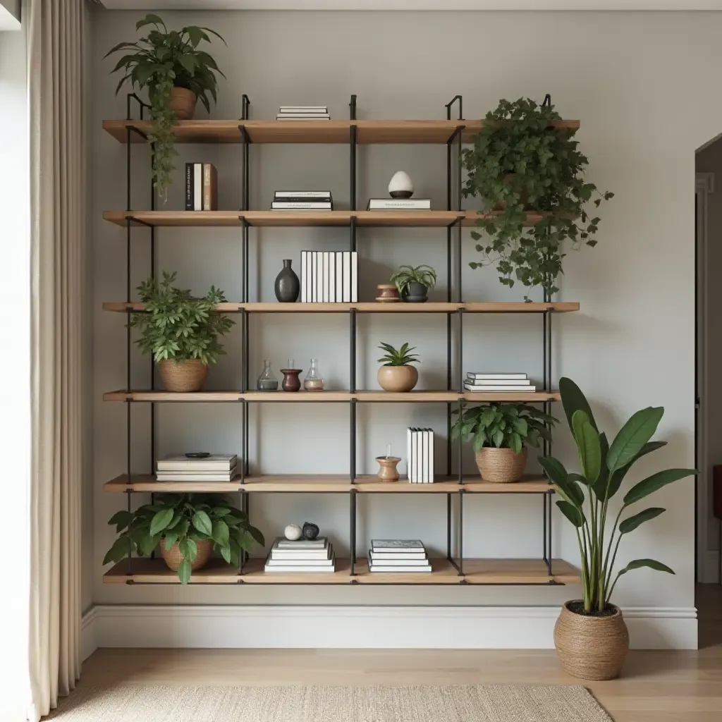 a photo of a modern corridor shelving unit with plants and books