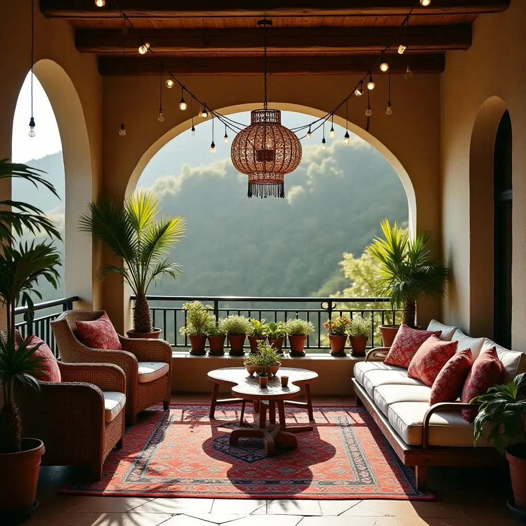 a photo of a bohemian balcony decorated with eclectic pendant designs