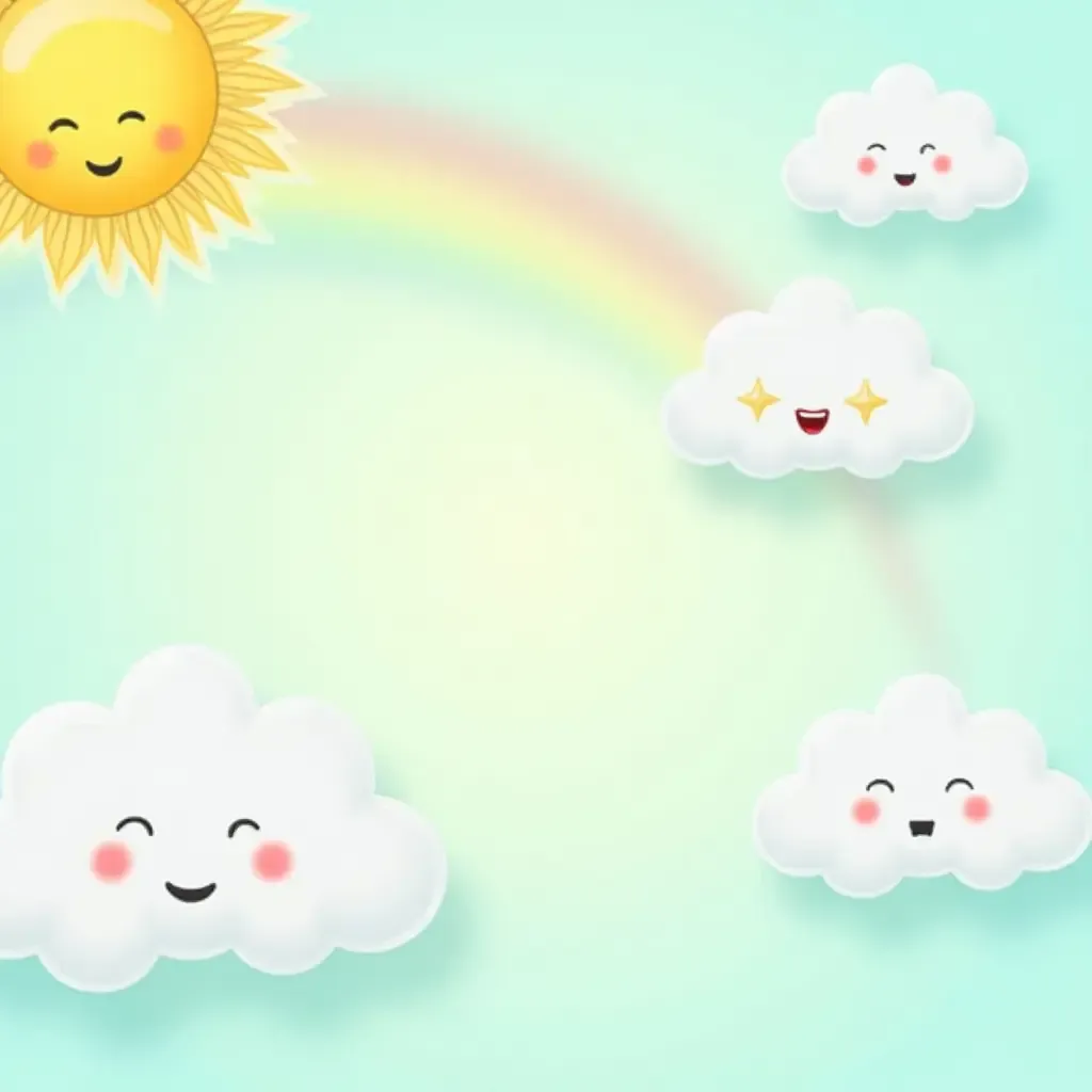 a photo of a cheerful weather theme with sun, clouds, and rainbows