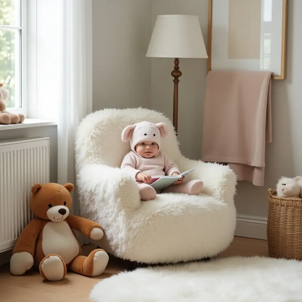 a photo of a comfortable reading chair surrounded by stuffed animals in a nursery