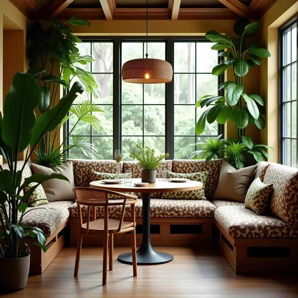 a photo of a breakfast nook with a tropical theme and vibrant plants