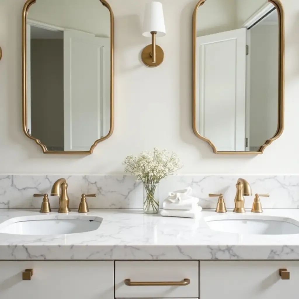 a photo of a chic vanity with gold fixtures and marble countertops