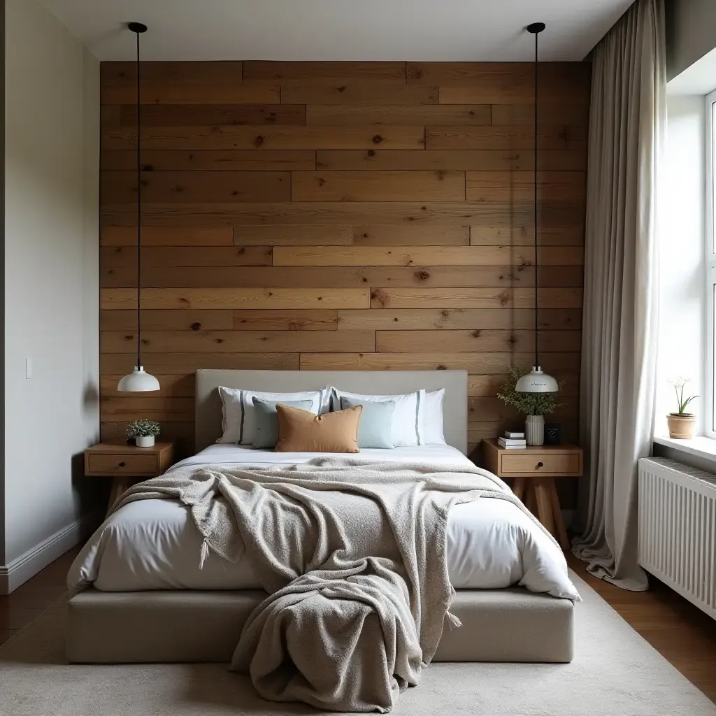 a photo of a small bedroom with a statement wall made of reclaimed wood