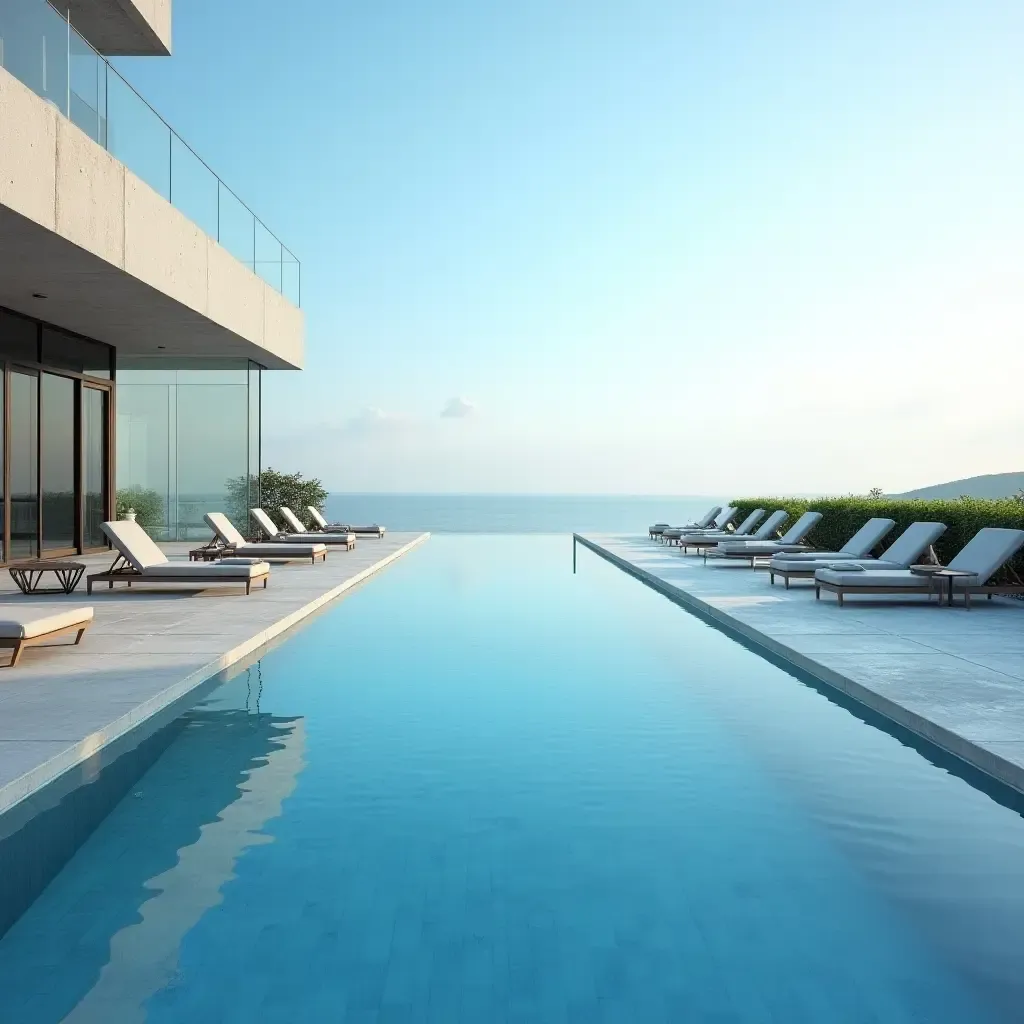 a photo of a luxurious infinity pool surrounded by contemporary lounge chairs