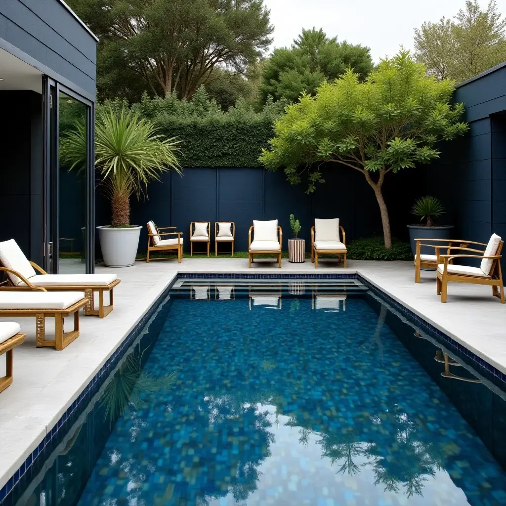 a photo of a modern pool with navy blue tiles and gold outdoor furniture