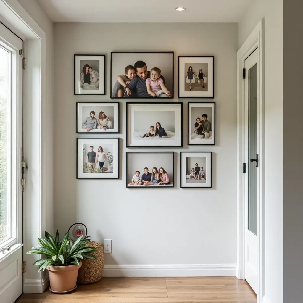 a photo of an entrance hall showcasing a gallery wall of family photos