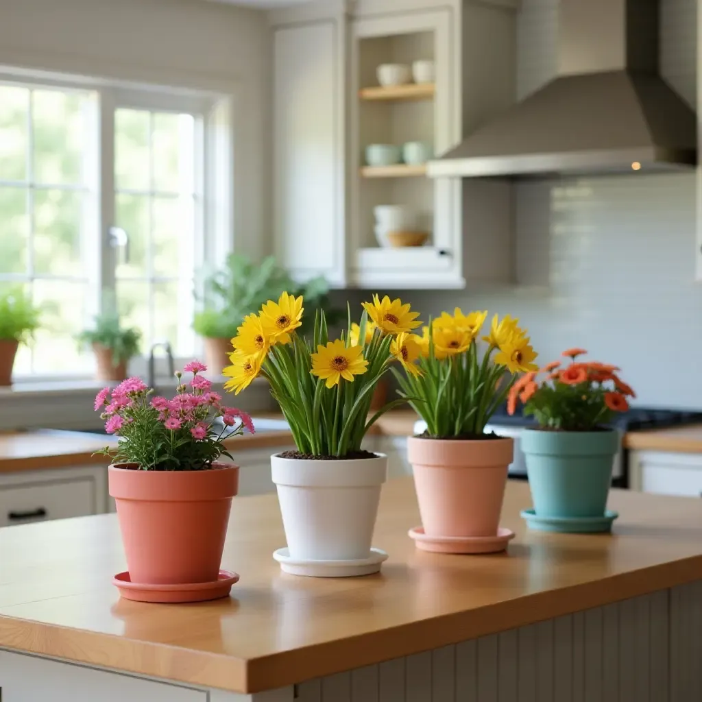 a photo of a kitchen island decorated with colorful flower pots