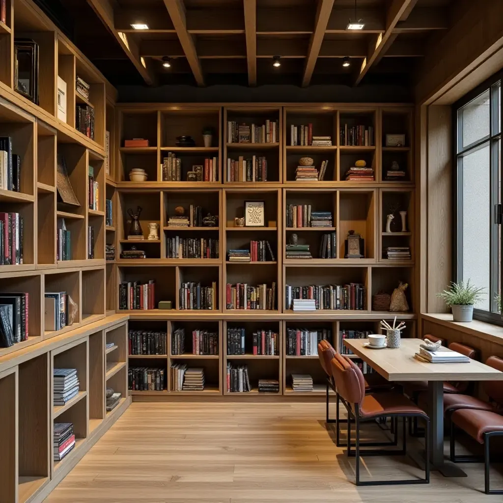 a photo of a library with wooden crates used as bookshelves