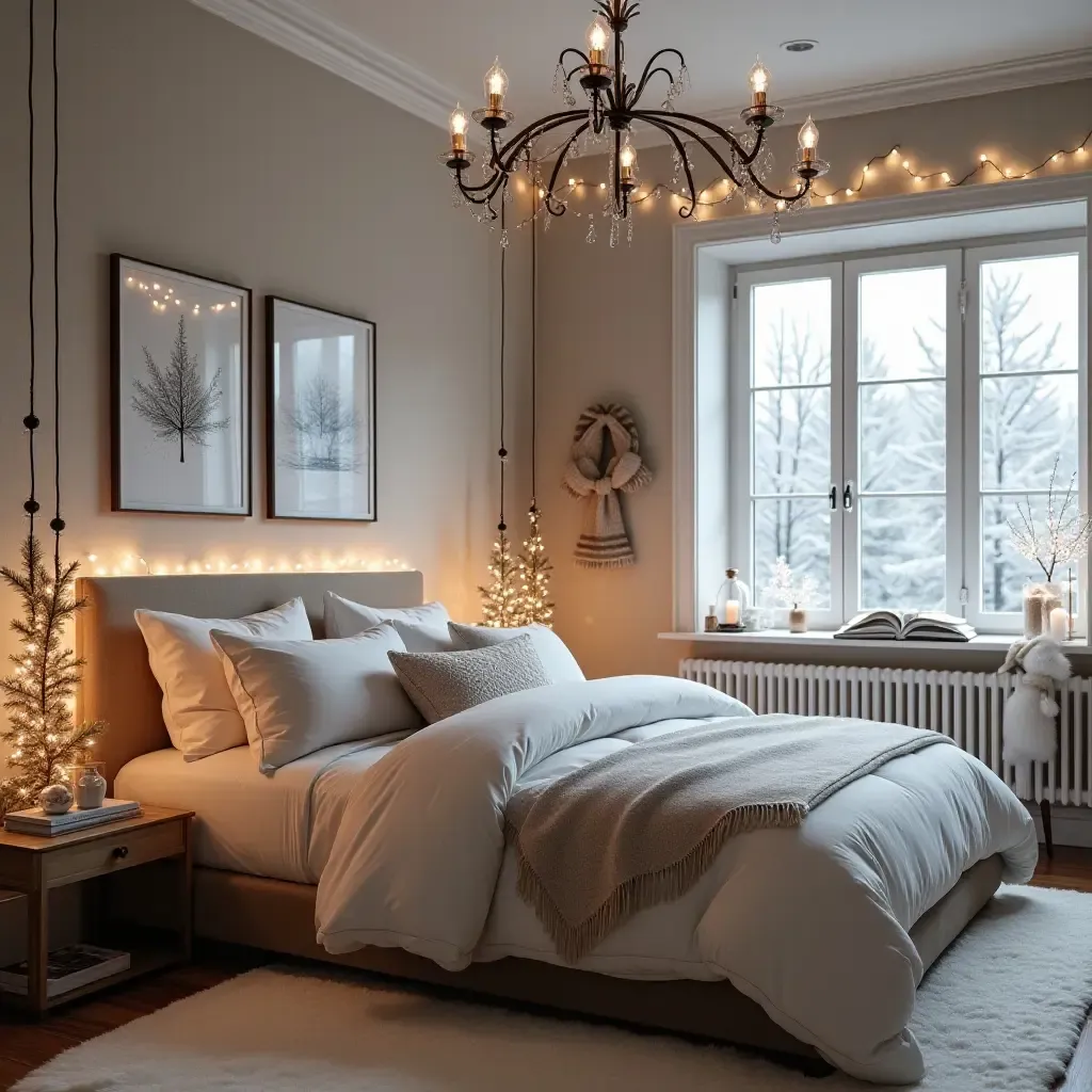 a photo of a winter wonderland-themed bedroom with snowflakes and cozy decor