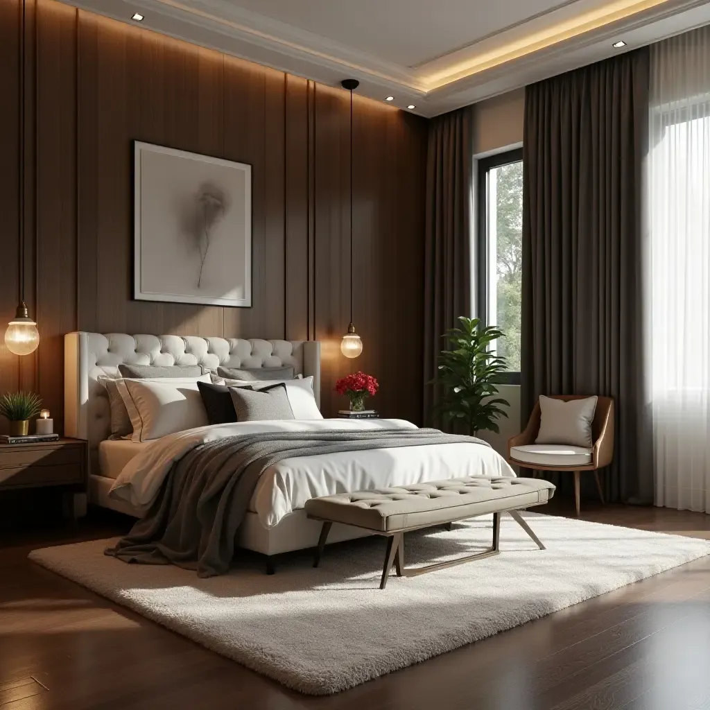 a photo of an elegant bedroom with dark hardwood floors and plush rugs