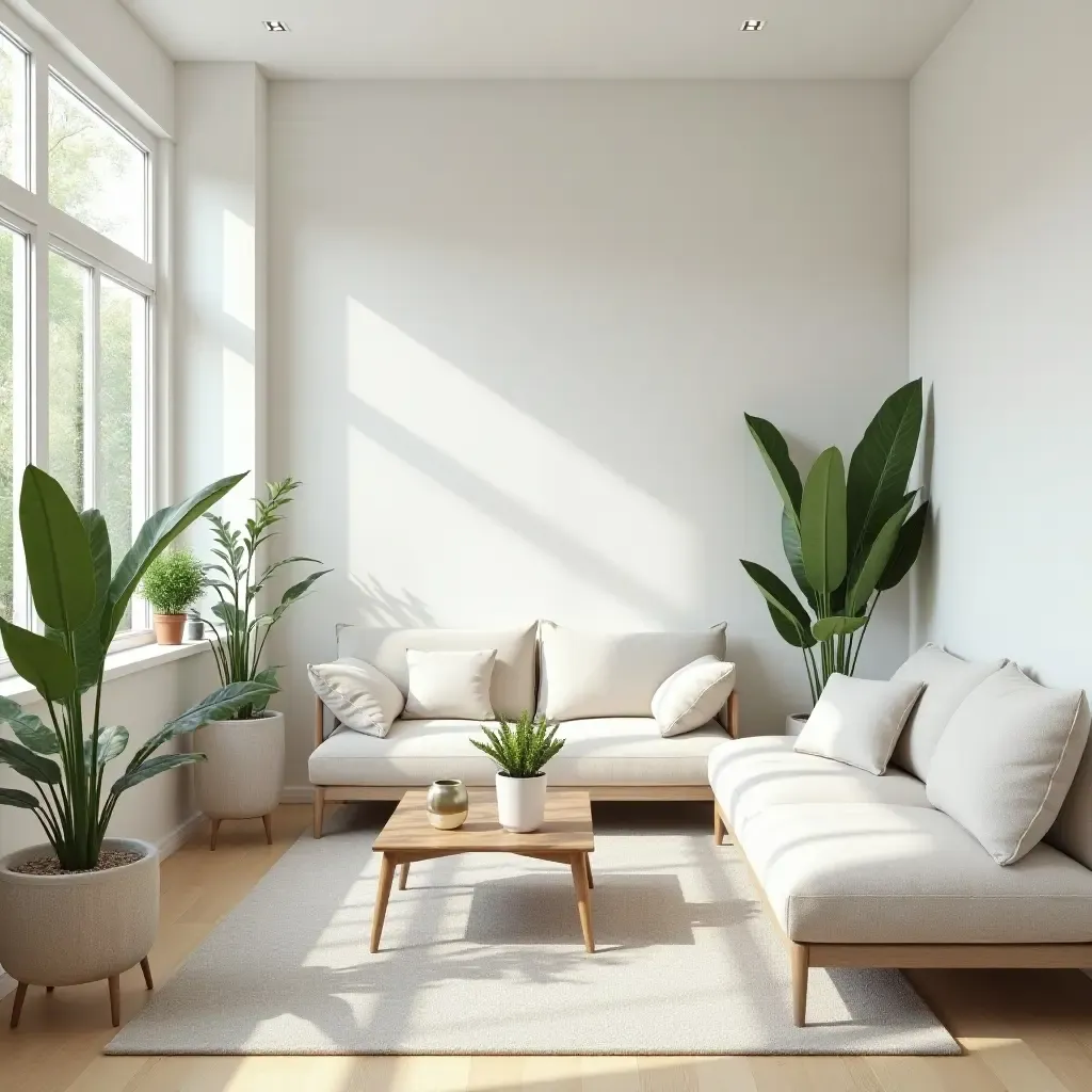 a photo of a bright, open living room with minimalist furniture and greenery accents