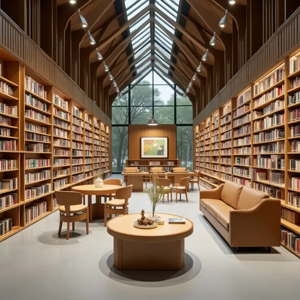 a photo of a library layout that incorporates art installations and exhibits