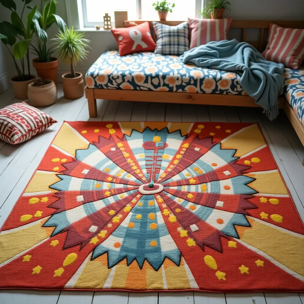 a photo of a rug featuring a colorful circus scene for playful vibes