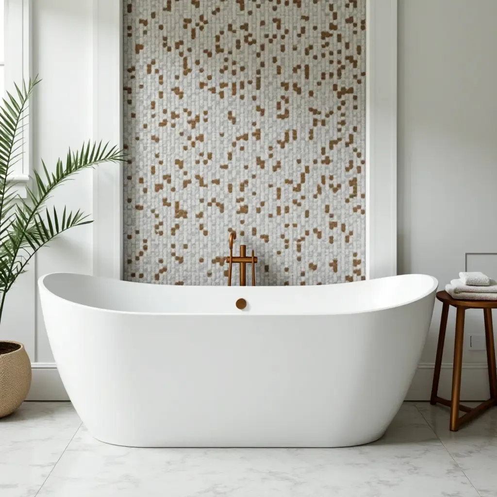 a photo of a freestanding tub with a mosaic tile design