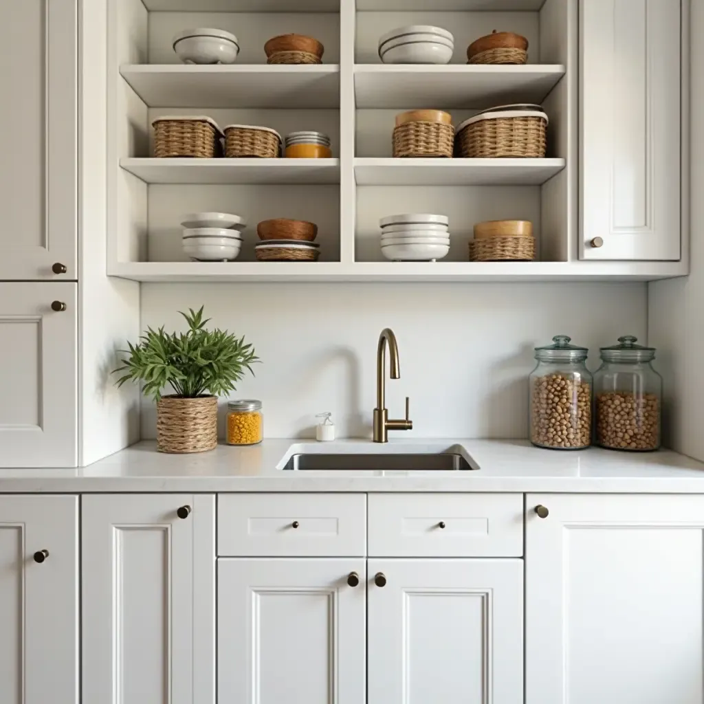 a photo of a kitchen with stylish organization and decorative containers