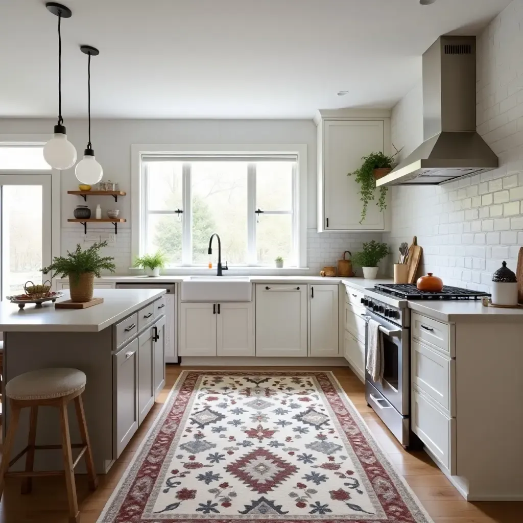 a photo of a kitchen with a layered rug look for style