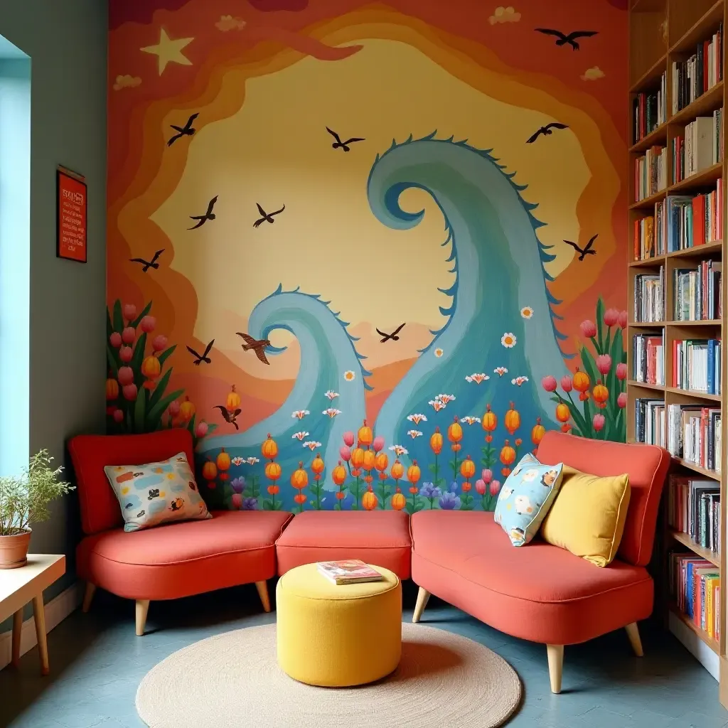 a photo of a reading nook with a colorful mural and cozy seating