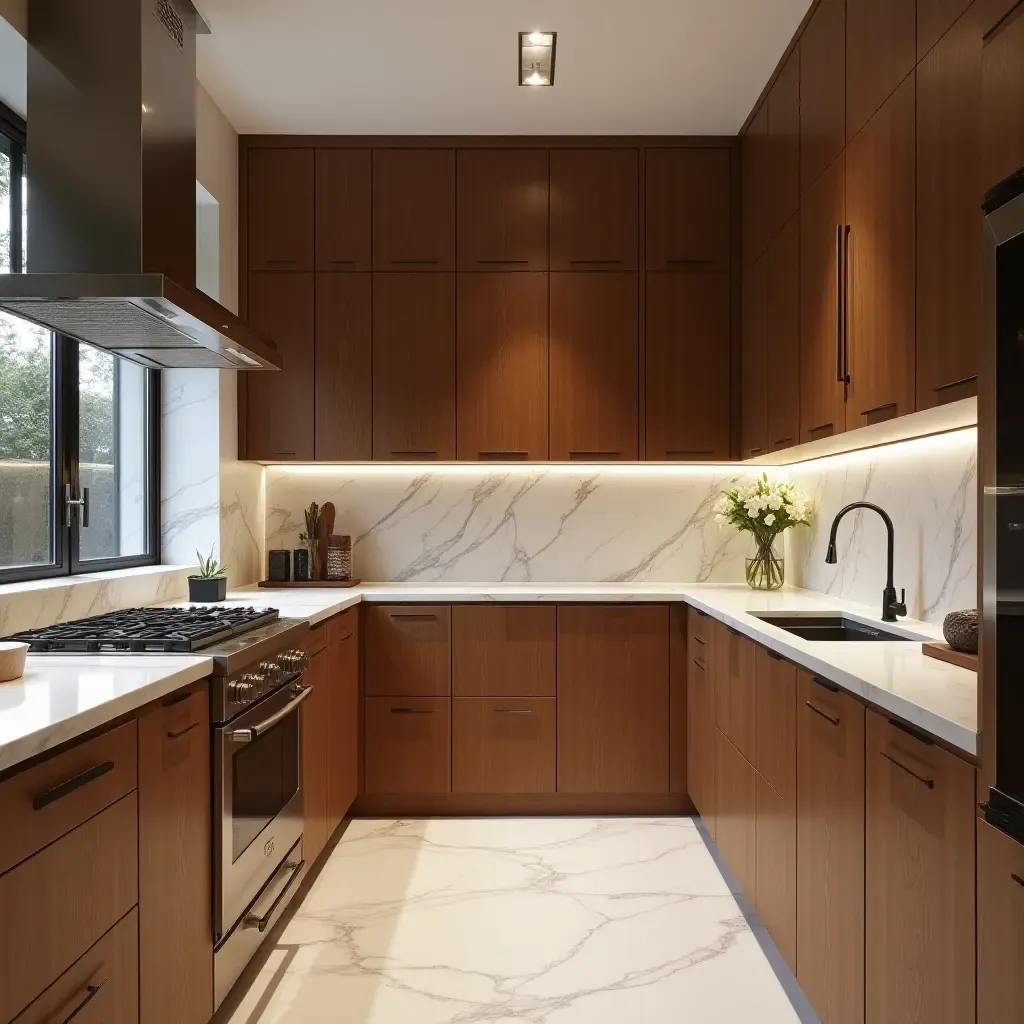 a photo of a gourmet kitchen with elegant wood cabinetry, marble stone, and sleek metal accents