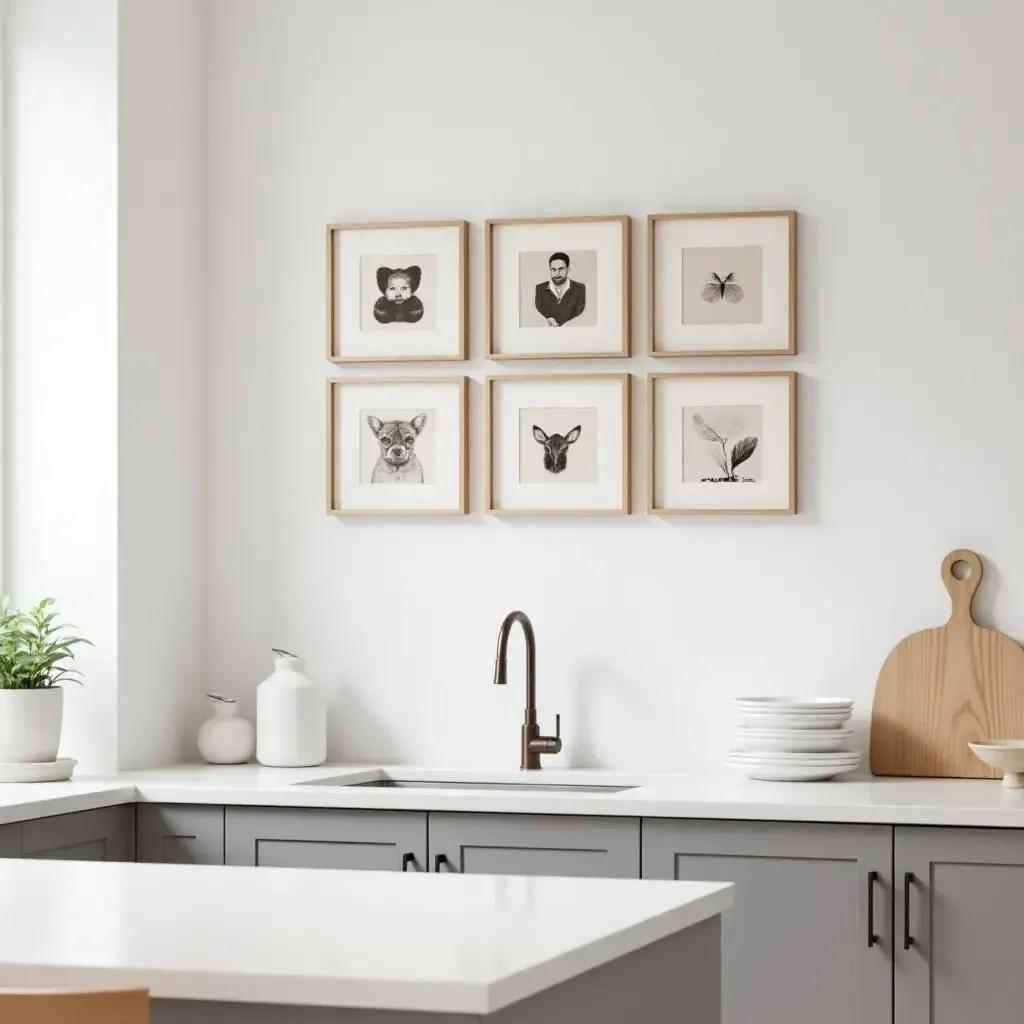 a photo of a series of small framed prints above a kitchen counter