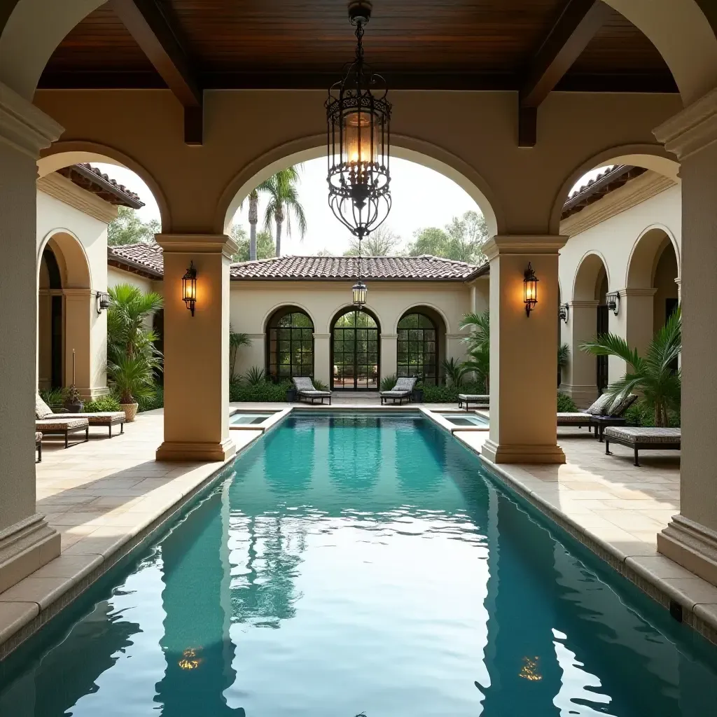 a photo of a Mediterranean-style pool area with wrought iron pendant lights