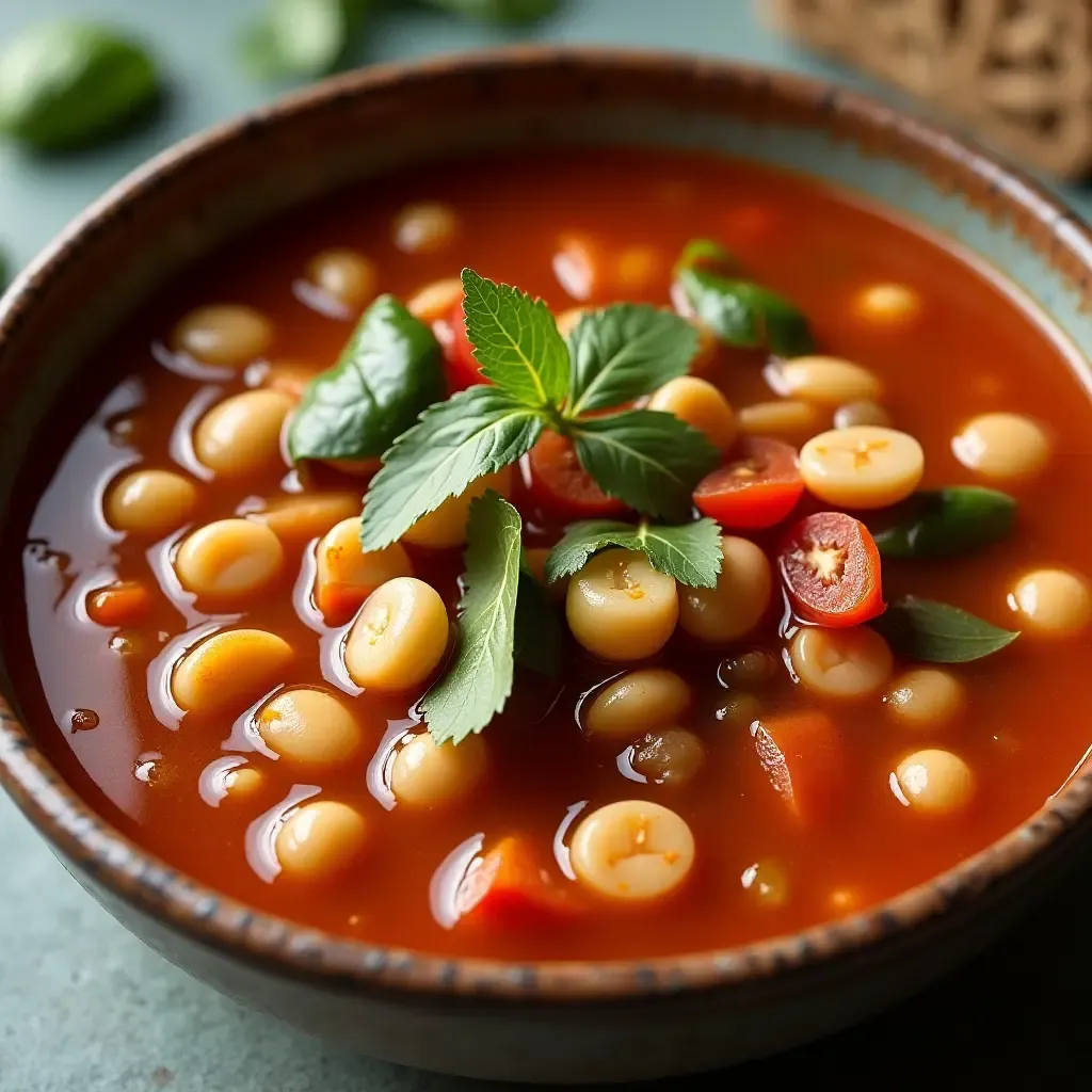 a photo of hearty minestrone soup with fresh vegetables and beans in a rustic bowl.