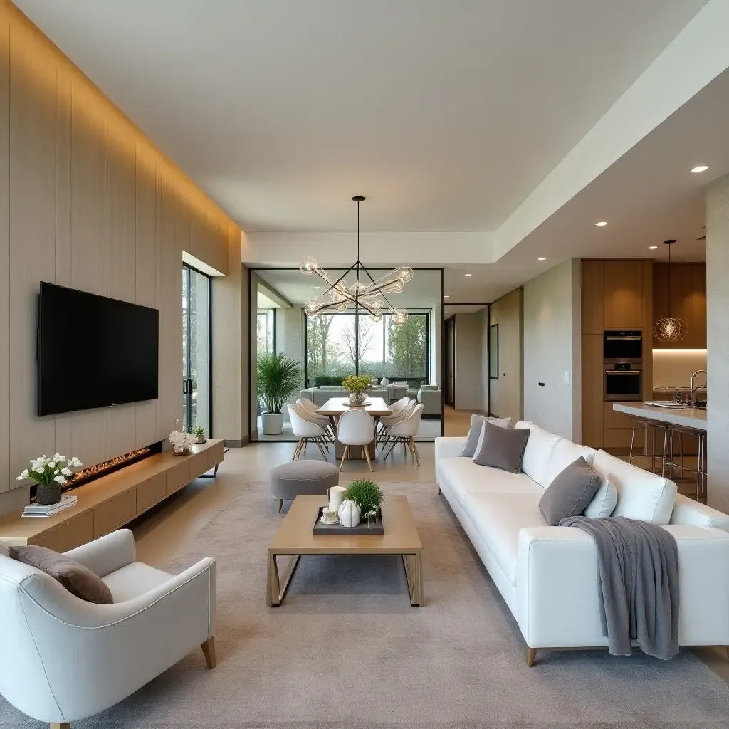 a photo of an open-concept TV room that blends with the dining area