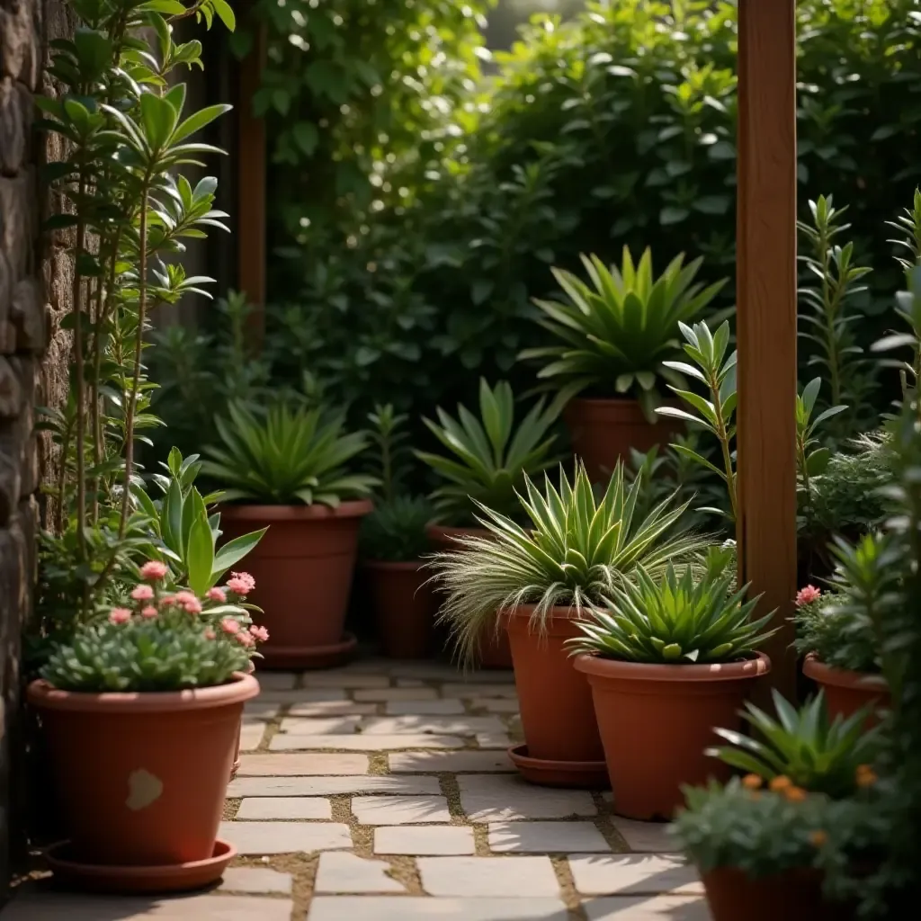 a photo of a patio with a succulent garden in various pots