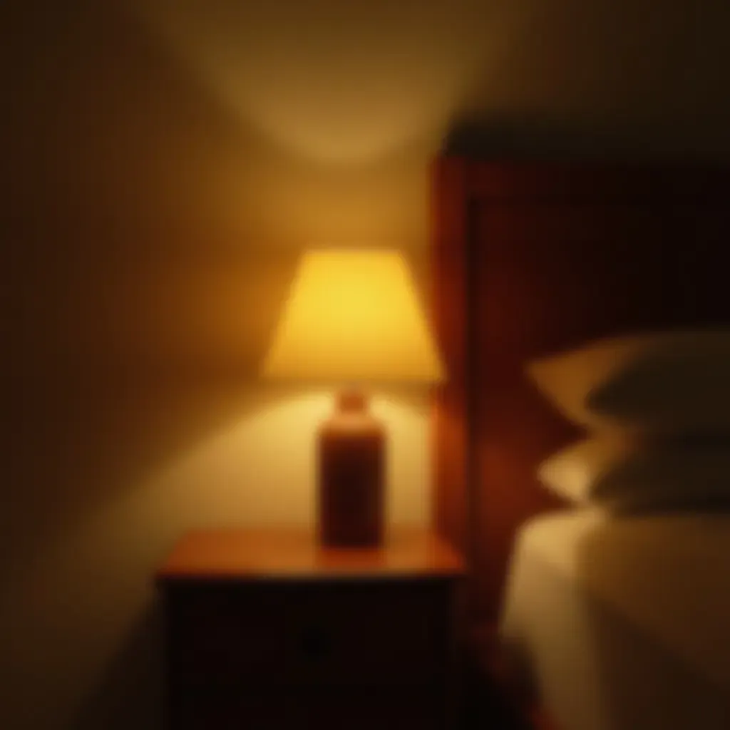 a photo of a wooden bedside lamp casting a warm glow in a room