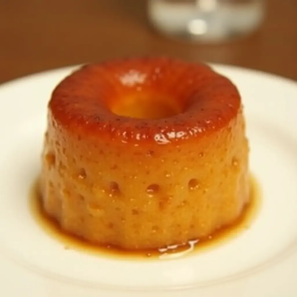 a photo of a delicate Canelé with caramelized crust and soft center, served on a white plate.