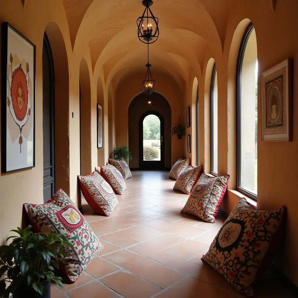 a photo of an artistic corridor enhanced by unique, handmade throw pillows