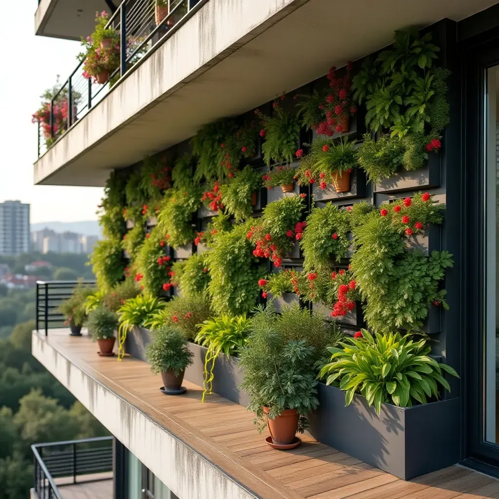 a photo of a balcony featuring a wall of colorful vertical planters