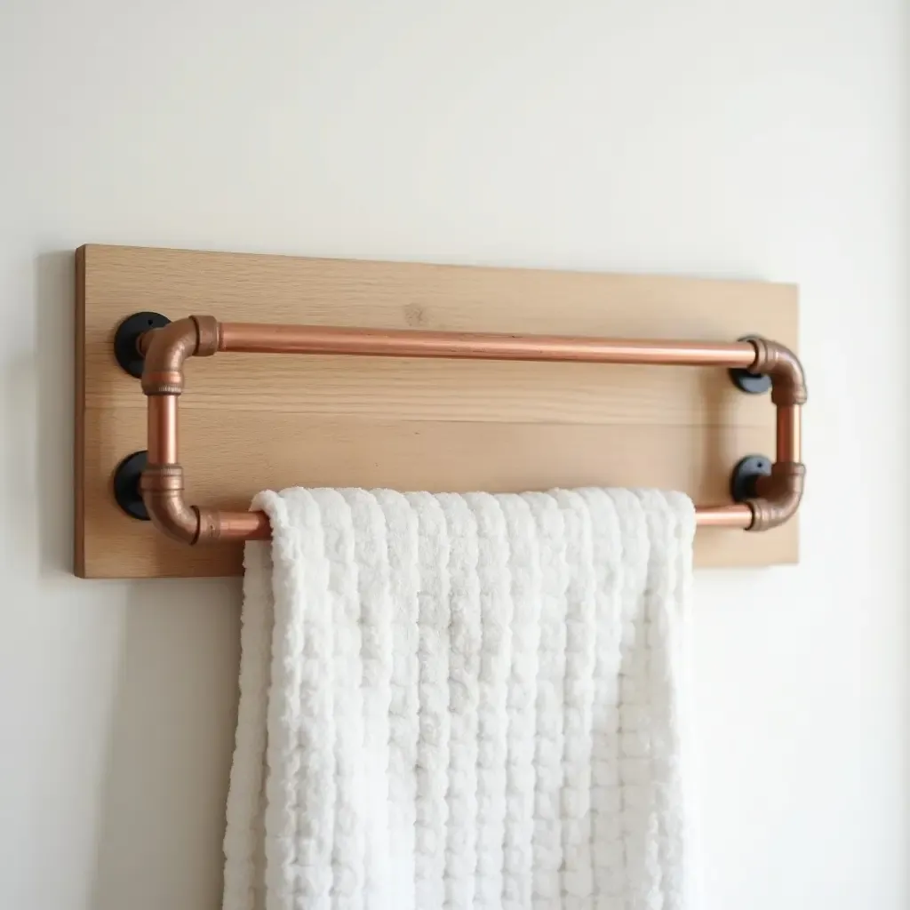 a photo of a DIY towel rack using copper pipes and wooden boards