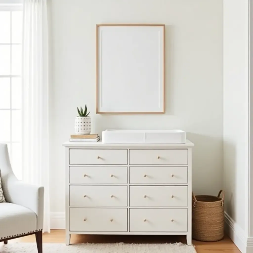 a photo of a serene nursery with a farmhouse-style changing table and decor